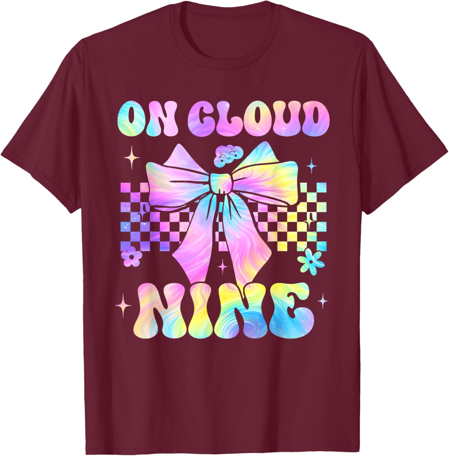 Kids 9th Birthday Girl On Cloud Nine Coquette Bow 9 Year Old T-Shirt - T-Shirt | Maroon