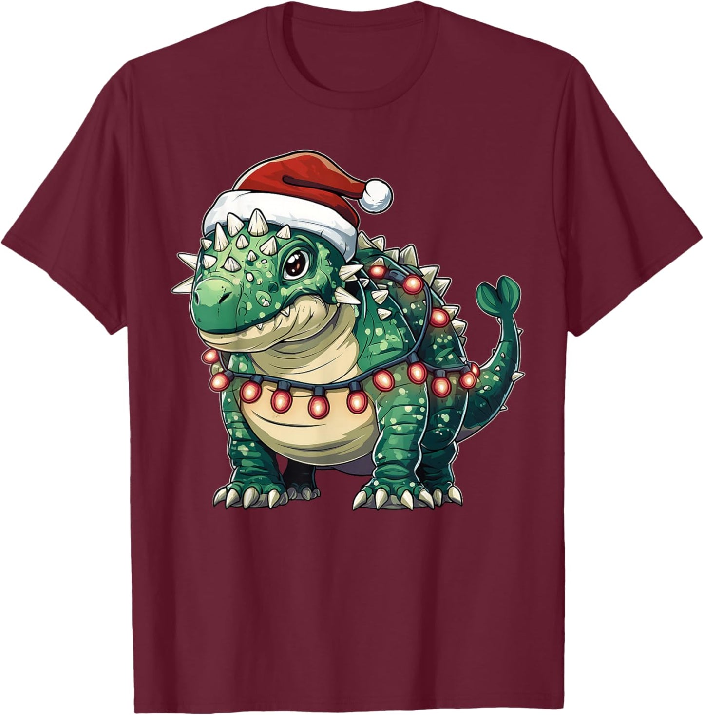 Ankylosaurus Dinosaur Christmas - -Adults/Kids - Red - Short Sleeve - U-Neck - Small - Christmas Dinosaur T-Shirt - T-Shirt | Maroon