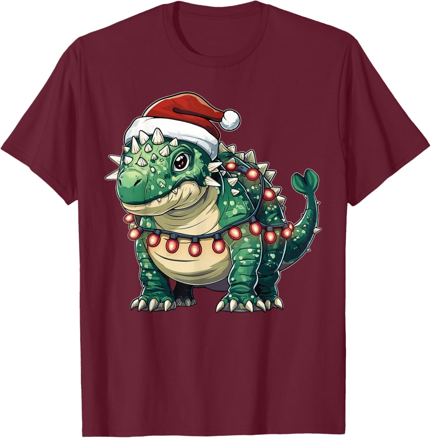 Ankylosaurus Dinosaur Christmas - -Adults/Kids - Red - Short Sleeve - U-Neck - Small - Christmas Dinosaur T-Shirt - T-Shirt | Maroon
