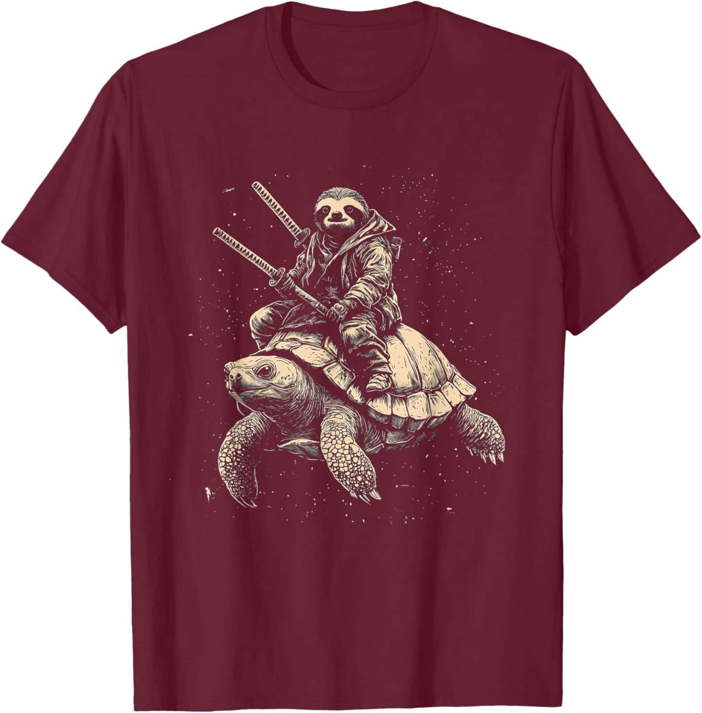 Sloth on Turtle with Katana Cool Samurai Animal Design T-Shirt - T-Shirt | Maroon