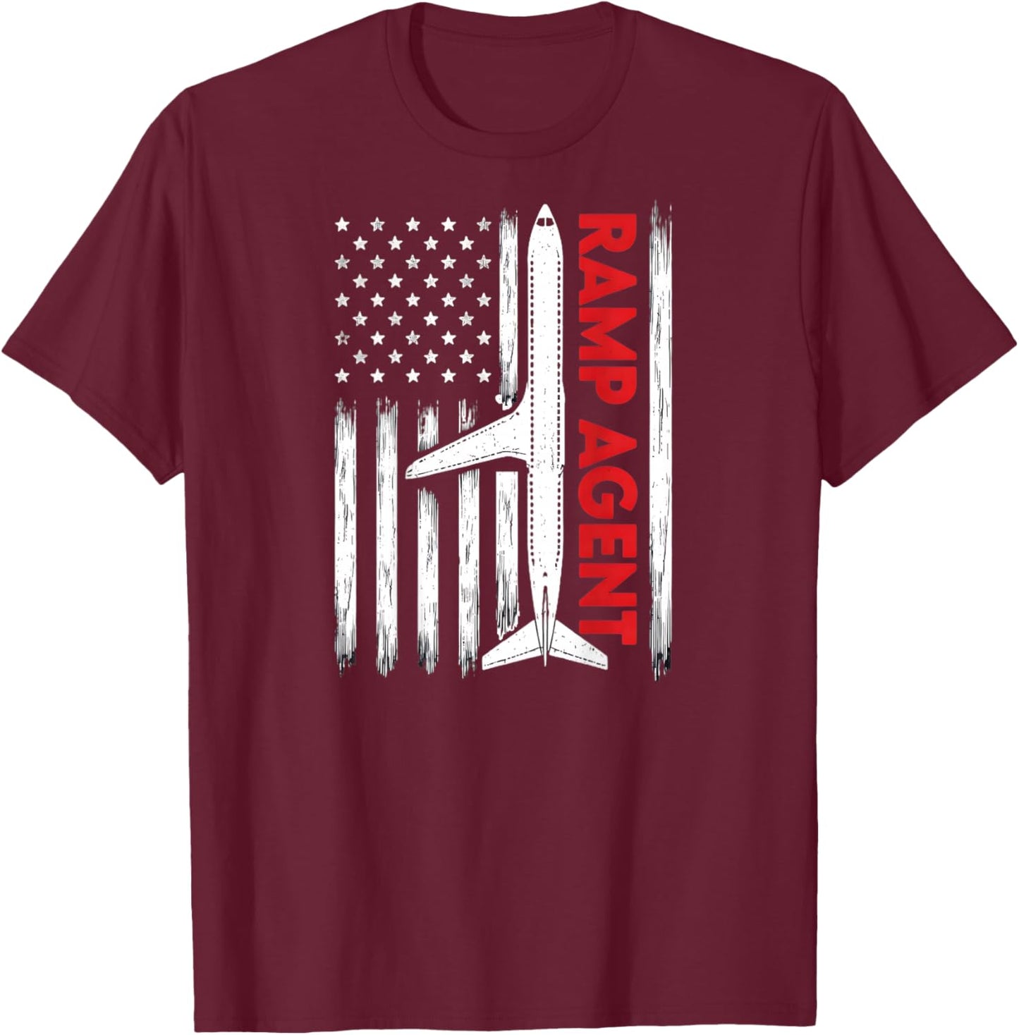 Ramp Agent USA Flag Airplane Design ON Back Aviation T-Shirt - T-Shirt | Maroon