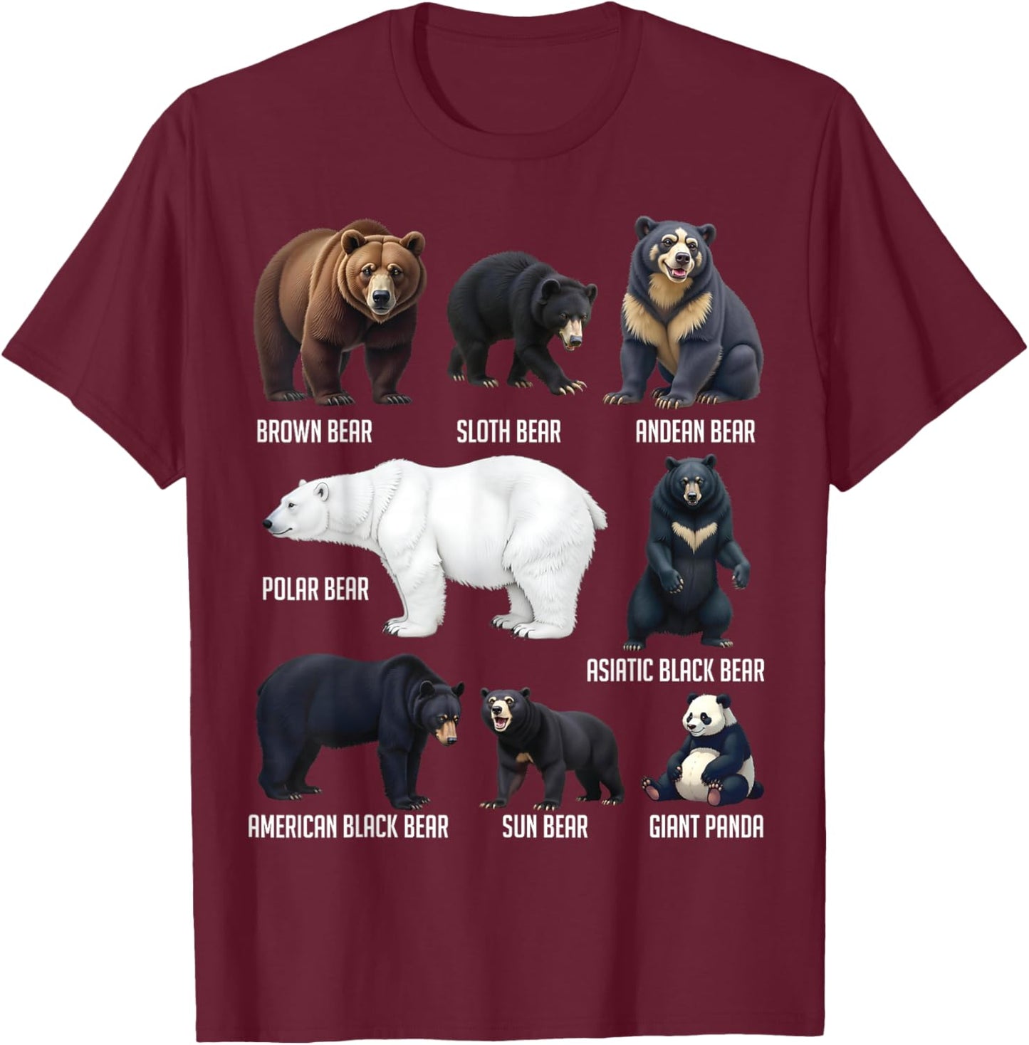 Types of Bears Wildlife Animal Lovers Nature Explorer T-Shirt - T-Shirt | Maroon