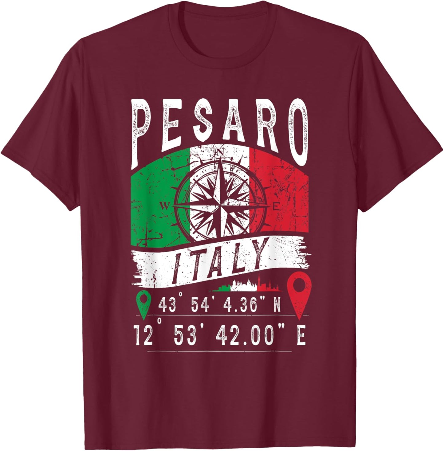 Pesaro Italy Flag Italia GPS Coordinates Of Pesaro T-Shirt - T-Shirt | Maroon