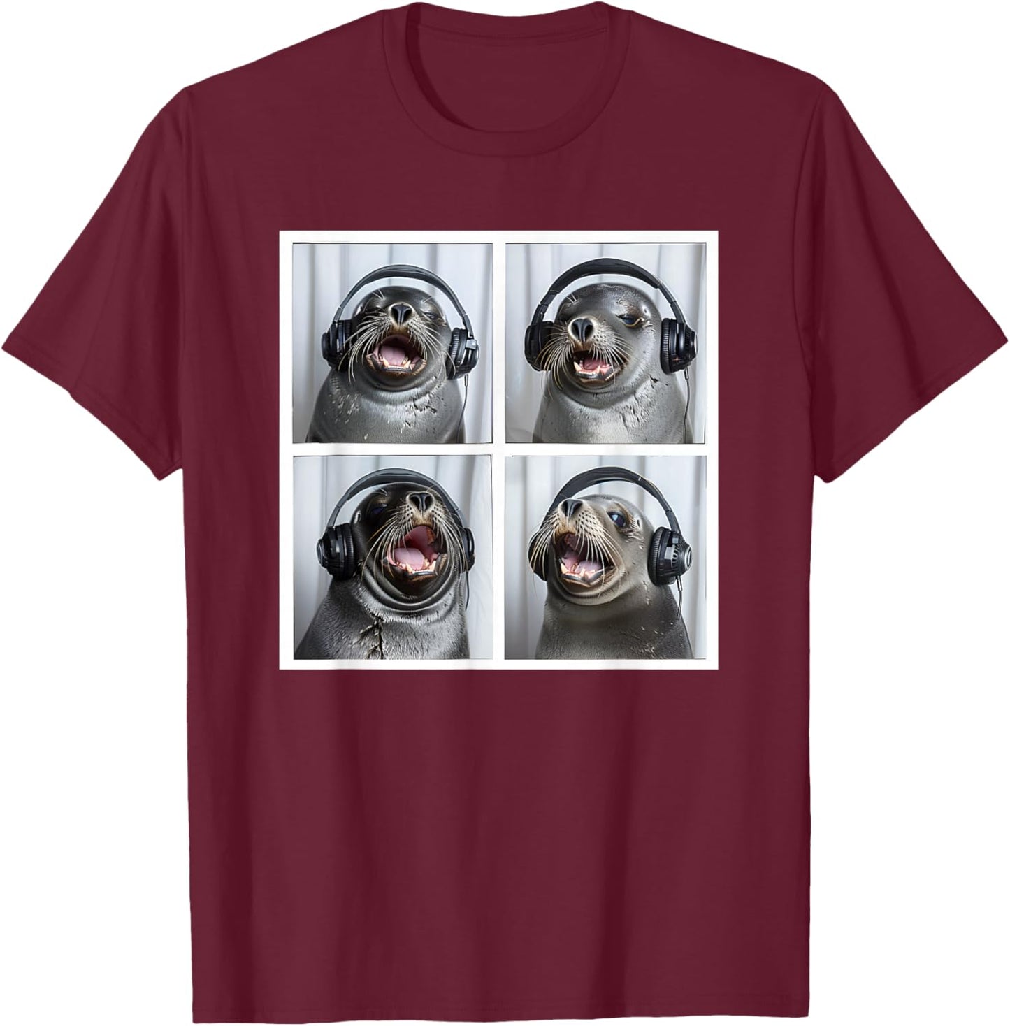 Seal Wearing Headphones Animal Music Sea Lion Singing Seal T-Shirt - T-Shirt | Maroon
