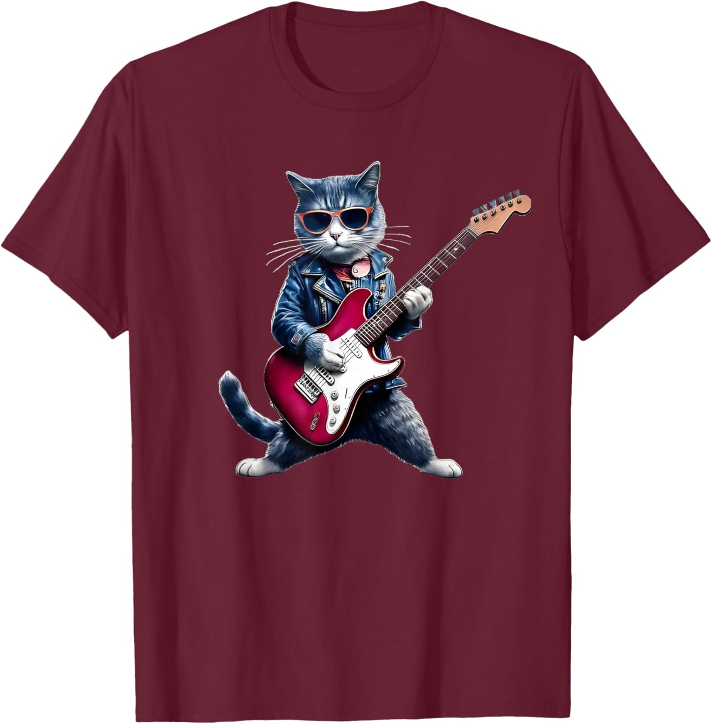 Rock Cat Playing Guitar - Funny Guitar Cat T-Shirt - T-Shirt | Maroon