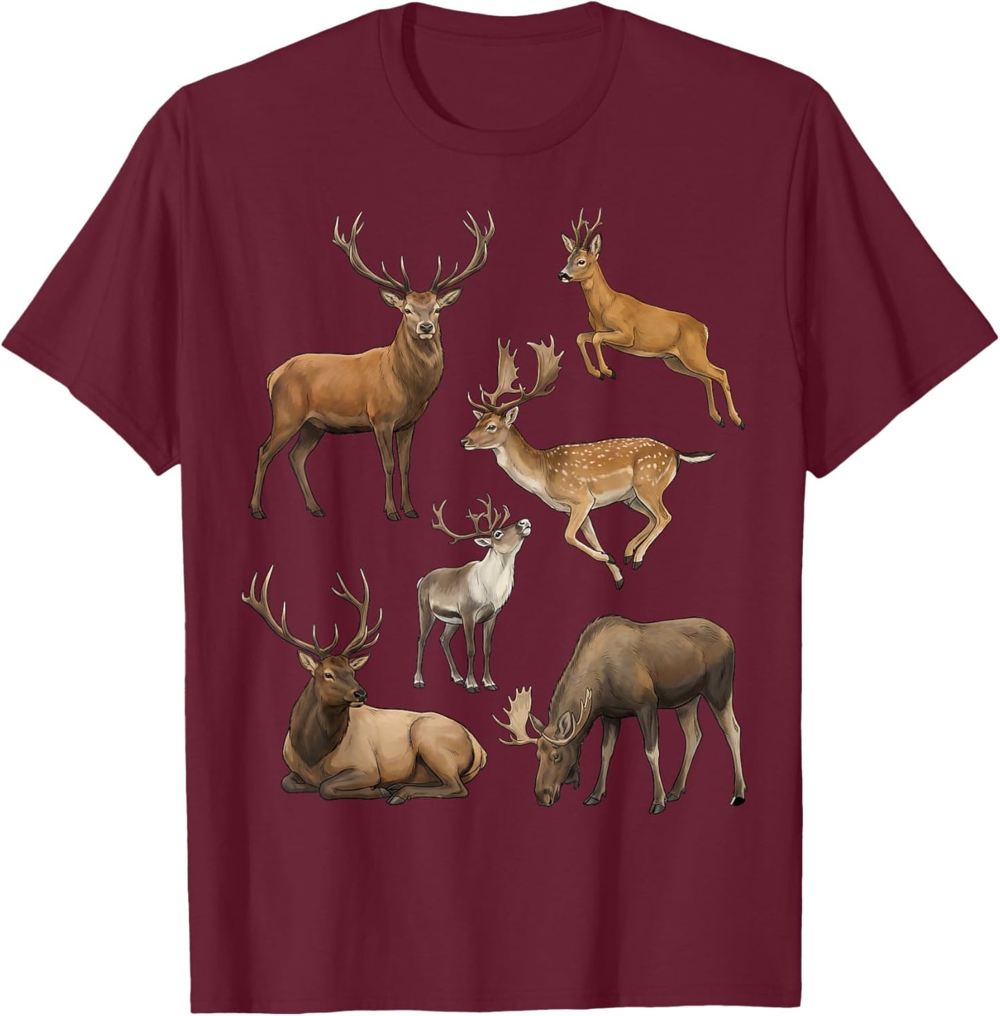 Types of Deer Species Wildlife Science Boys Girls Kids T-Shirt - T-Shirt | Maroon