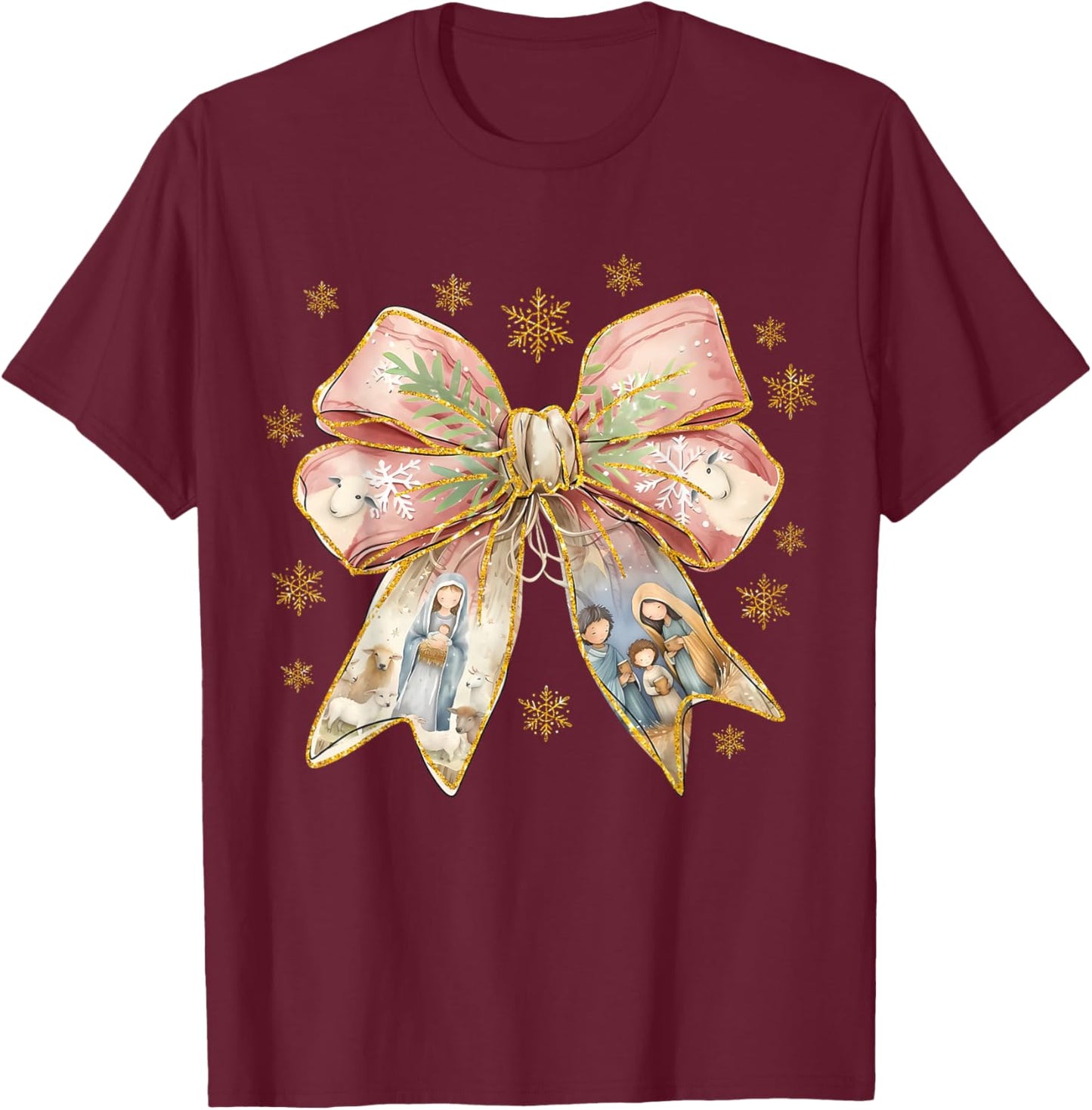 Jesus Christmas Coquette Bow Nativity Scene Christian Women T-Shirt - T-Shirt | Maroon