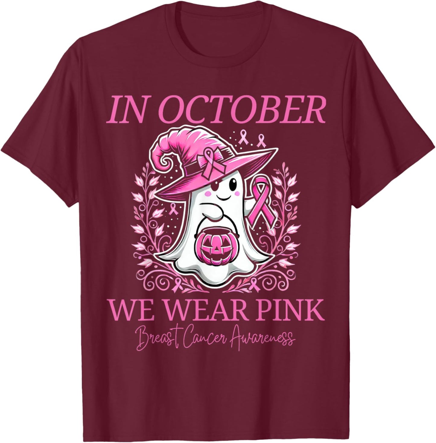 Pink Ghost October Breast Cancer Awareness Halloween T-Shirt - T-Shirt | Maroon