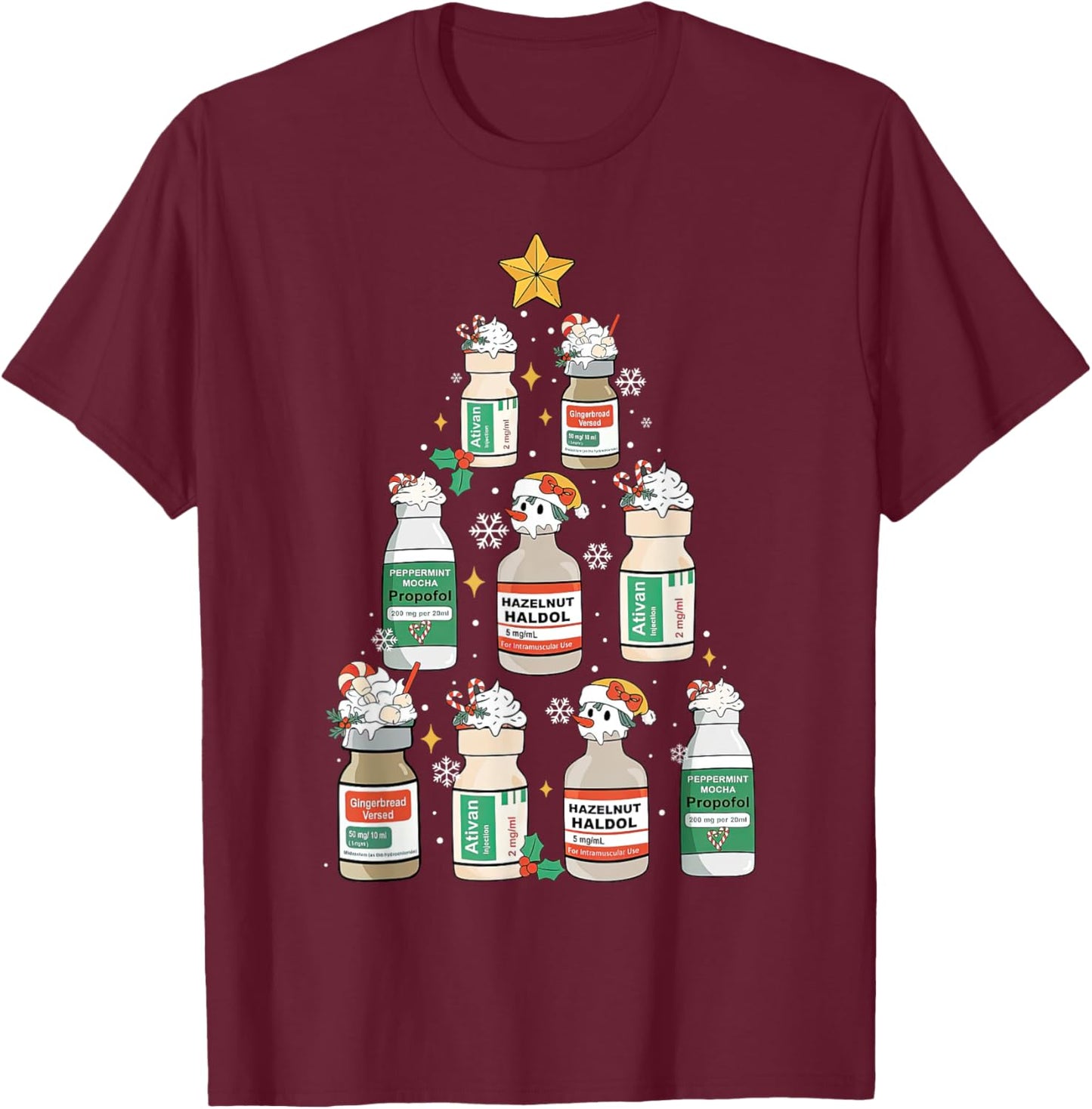 Nurse Christmas Tree Propofol RN ER ICU Nurse Xmas Nursing T-Shirt - T-Shirt | Maroon