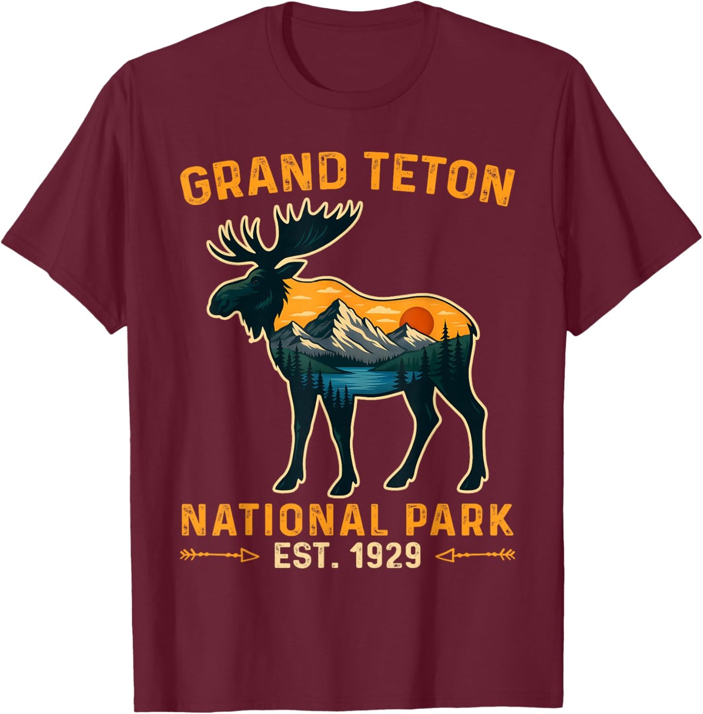 Vintage Grand Teton National Park Moose Hiking Vacation T-Shirt - T-Shirt | Maroon