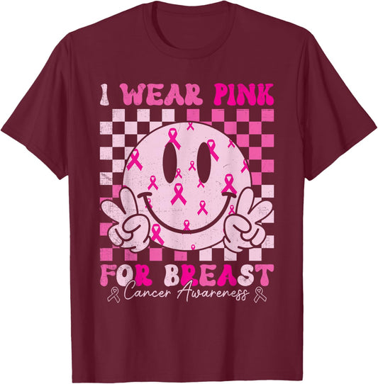 Retro I Wear Pink for Breast Cancer Awareness Pink Ribbon T-Shirt - T-Shirt | Maroon