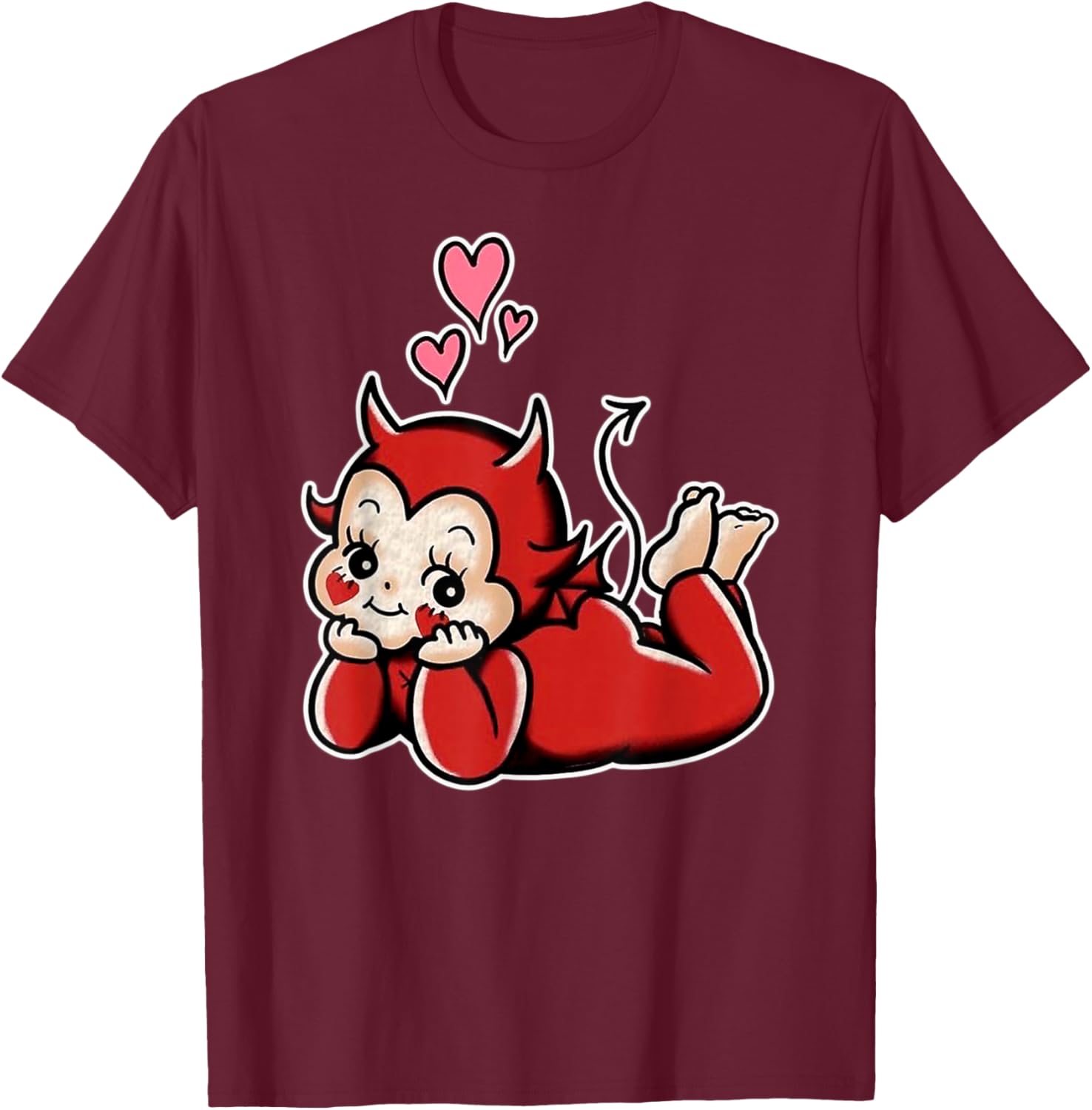 Urban Empyre Kewpie Baby Devil Cupid Love Traditional Tattoo Flash , Small, Black T-Shirt - T-Shirt | Maroon