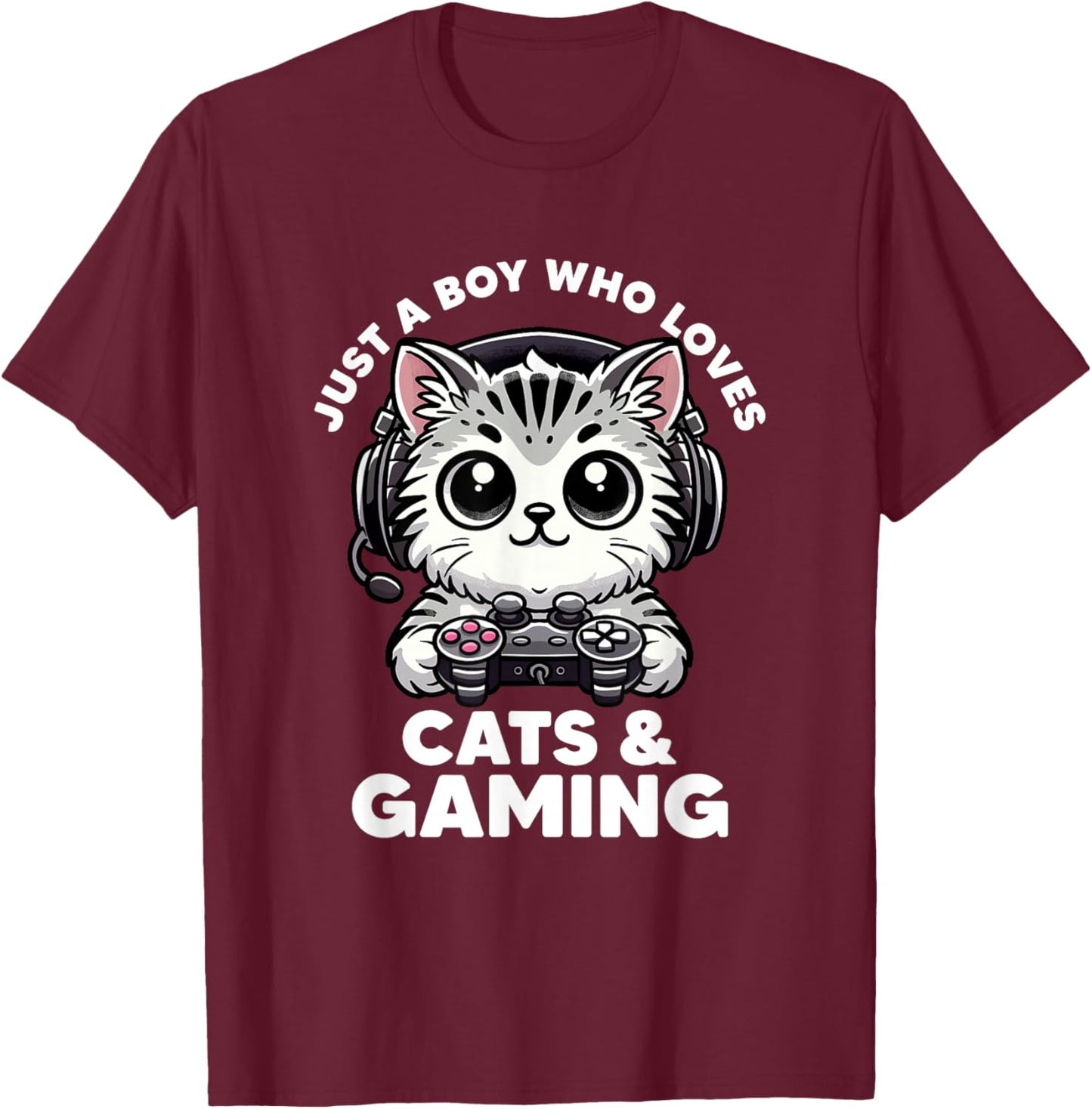 Just A Boy Who Loves Cats & Gaming Boy Cat Dad Funny Gamer T-Shirt - T-Shirt | Maroon