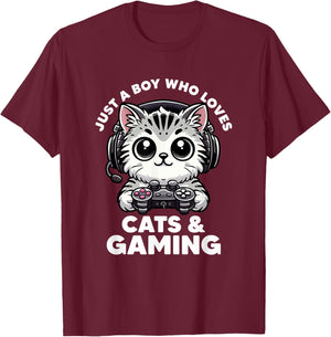 Just A Boy Who Loves Cats & Gaming Boy Cat Dad Funny Gamer T-Shirt - T-Shirt | Maroon