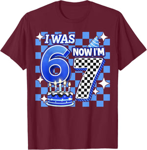 I was 6 Now I'm 7 Blue Checkered Funny Birthday Boy Kid Gift T-Shirt - T-Shirt | Maroon