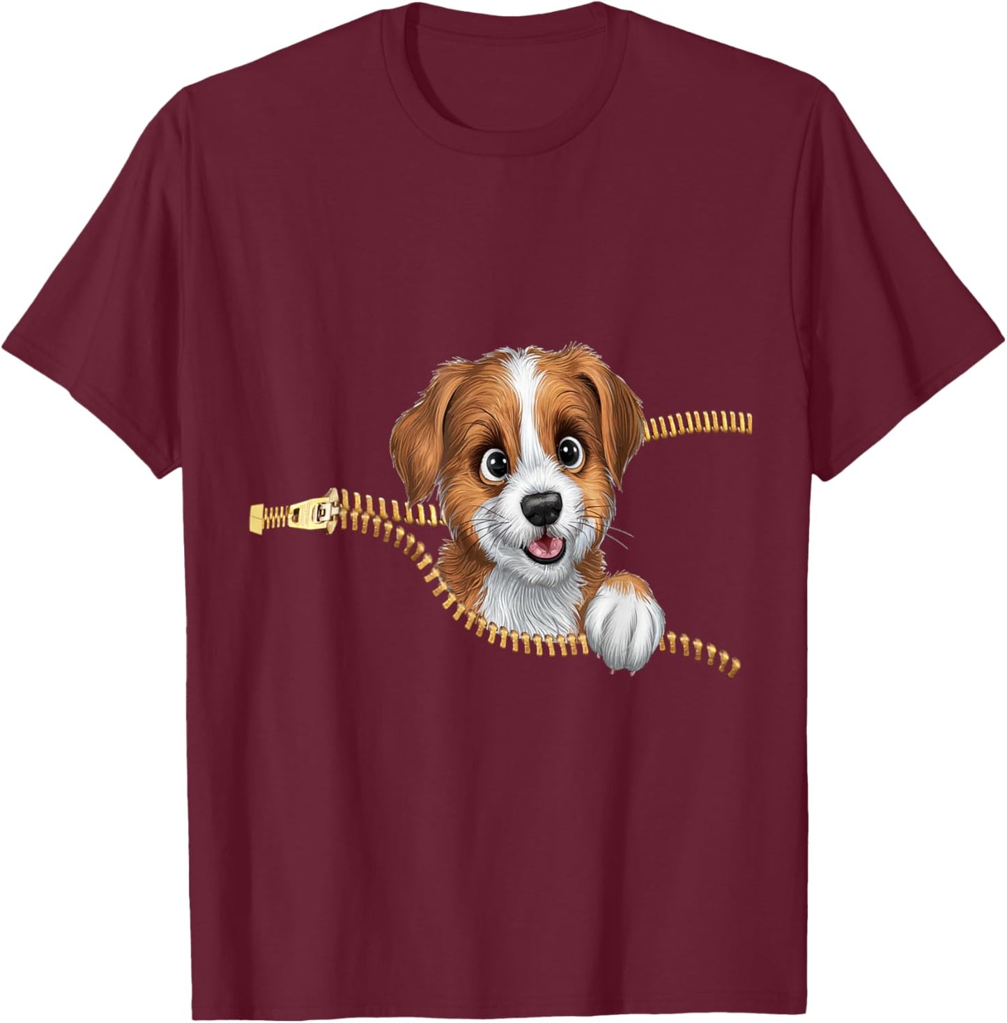 Cute Dog in Pocket Funny Zipper Pocket Graphic Design Puppy T-Shirt - T-Shirt | Maroon