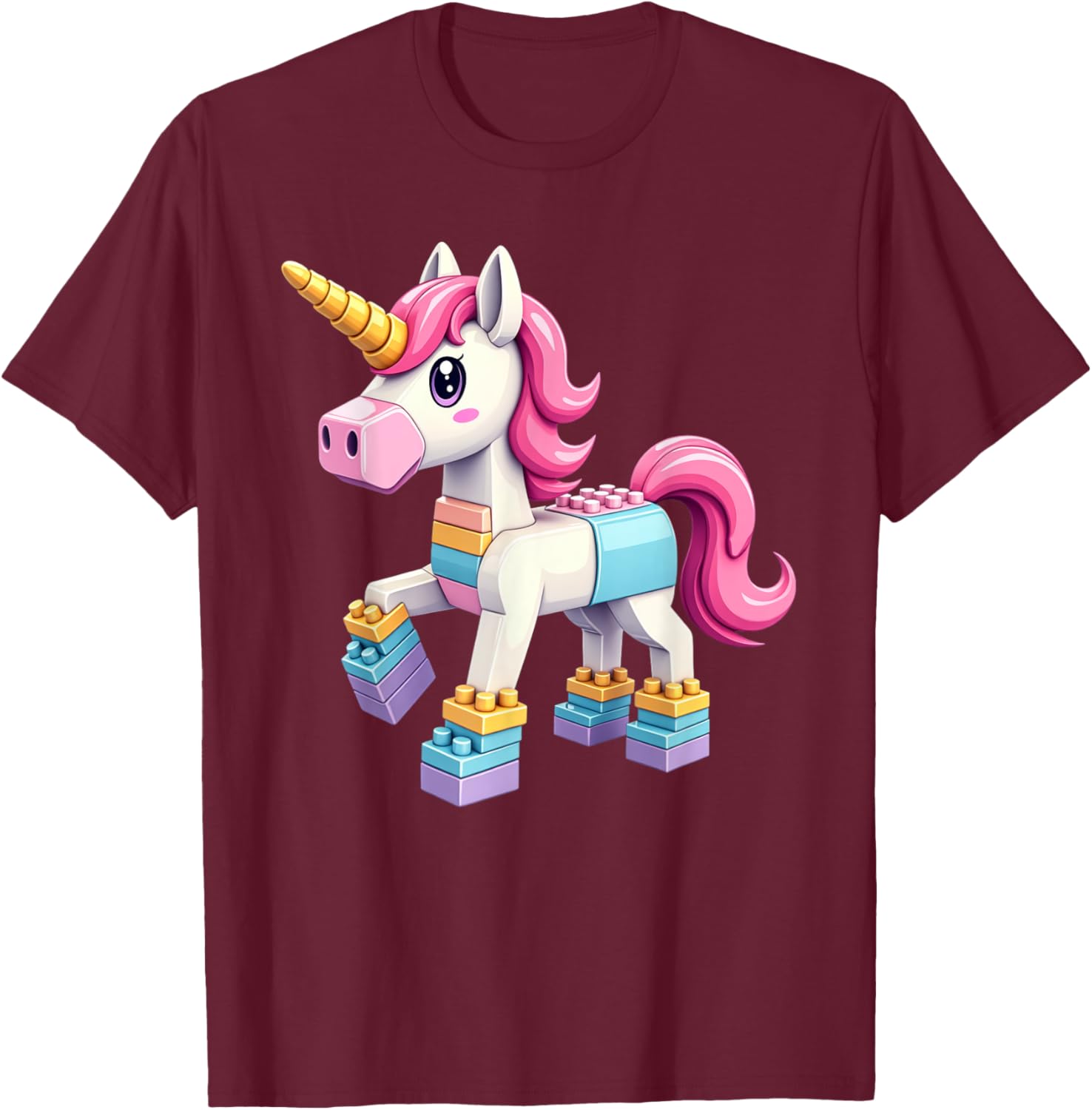 Block Building Unicorn Lover Master Builder Bricks T-Shirt - T-Shirt | Maroon