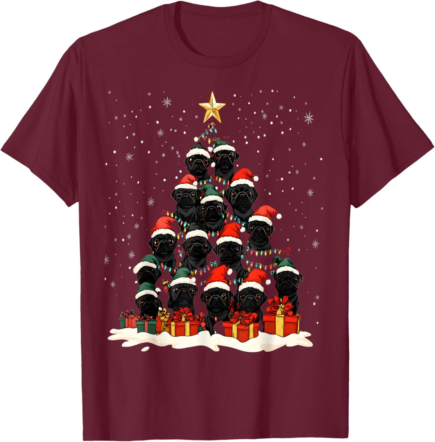 Black Pug Christmas Tree Dog Santa Xmas Merry Dogmas T-Shirt - T-Shirt | Maroon