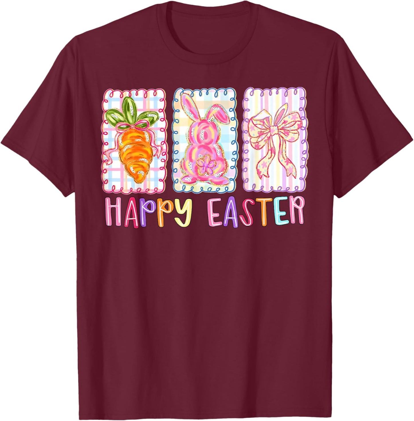 Happy Easter Brushstroke Bunny Carrot Coquette Bow Girl Kid T-Shirt - T-Shirt | Maroon