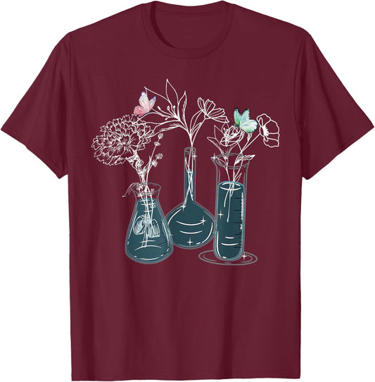 Science Laboratory Floral Flask Butterfly Biology Teacher T-Shirt - T-Shirt | Maroon