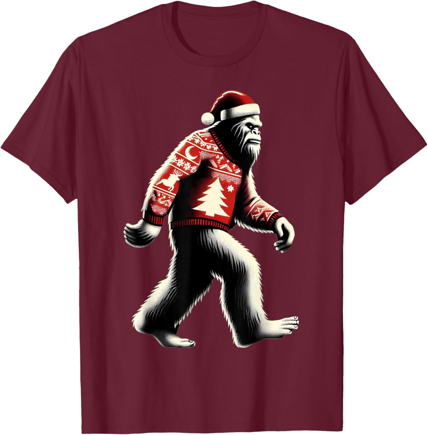 Walking Sasquatch With Santa Hat Christmas Big-foot Funny T-Shirt - T-Shirt | Maroon