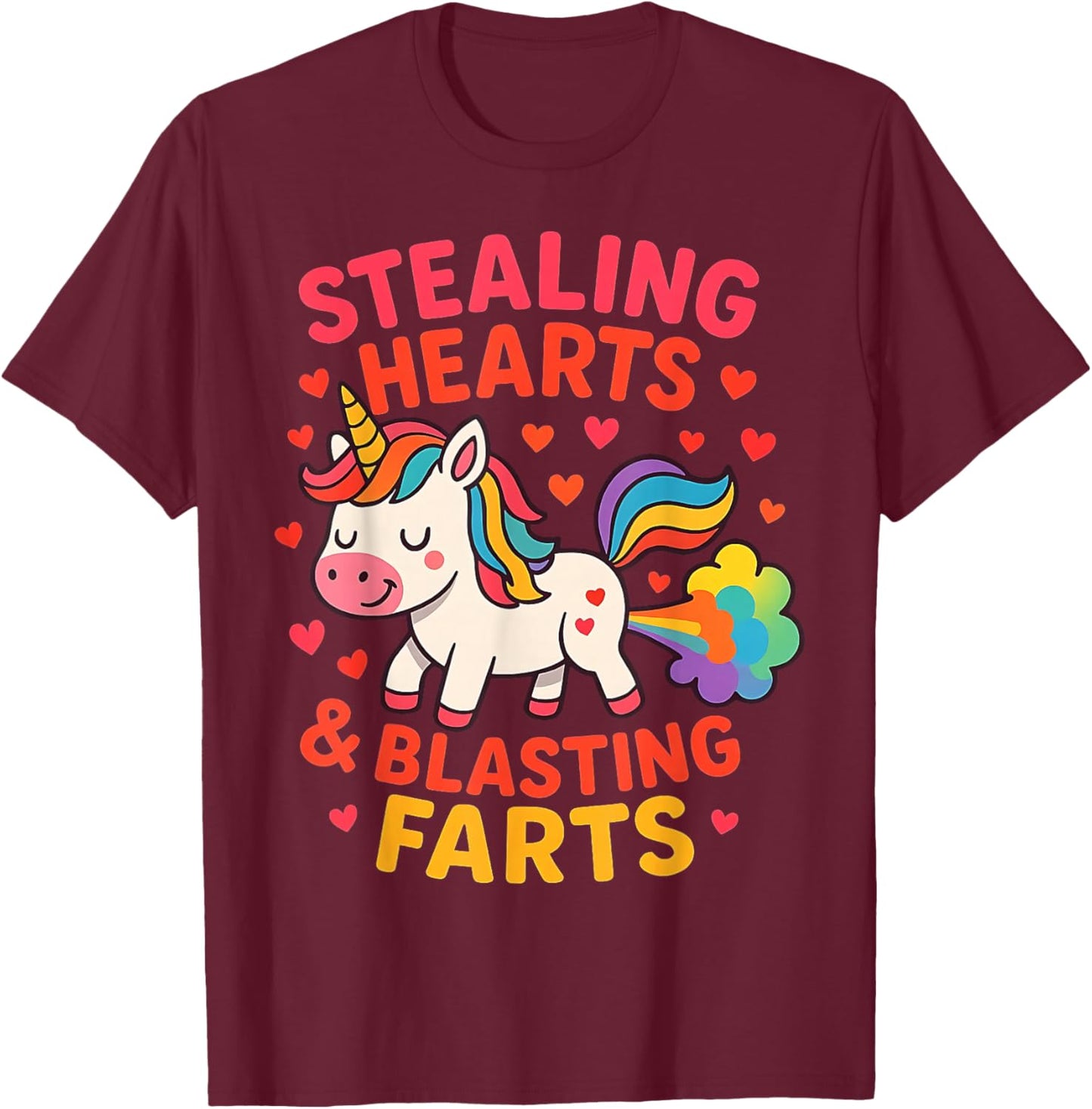 Funny Cute Unicorn Stealing Hearts Blasting Farts Design T-Shirt - T-Shirt | Maroon