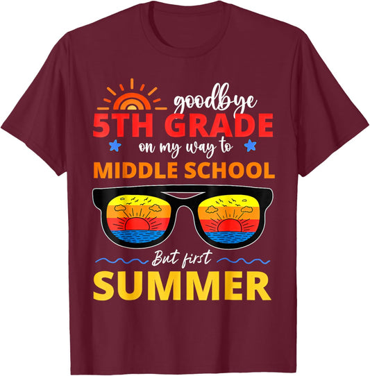 Goodbye 5th Grade Graduation to Middle School Hello Summer T-Shirt - T-Shirt | Maroon