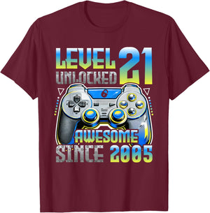 21 Year Old Video Gamer Level 21 Unlocked Born 2005 Birthday T-Shirt - T-Shirt | Maroon