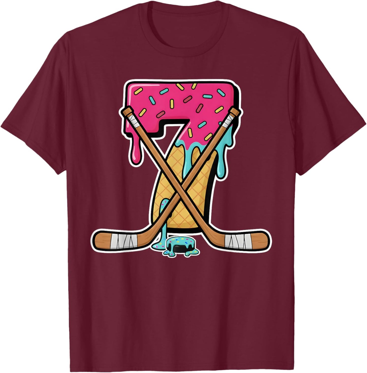 7 Year Old Hockey Ice Cream Drip Youth 7th Birthday Boys T-Shirt - T-Shirt | Maroon