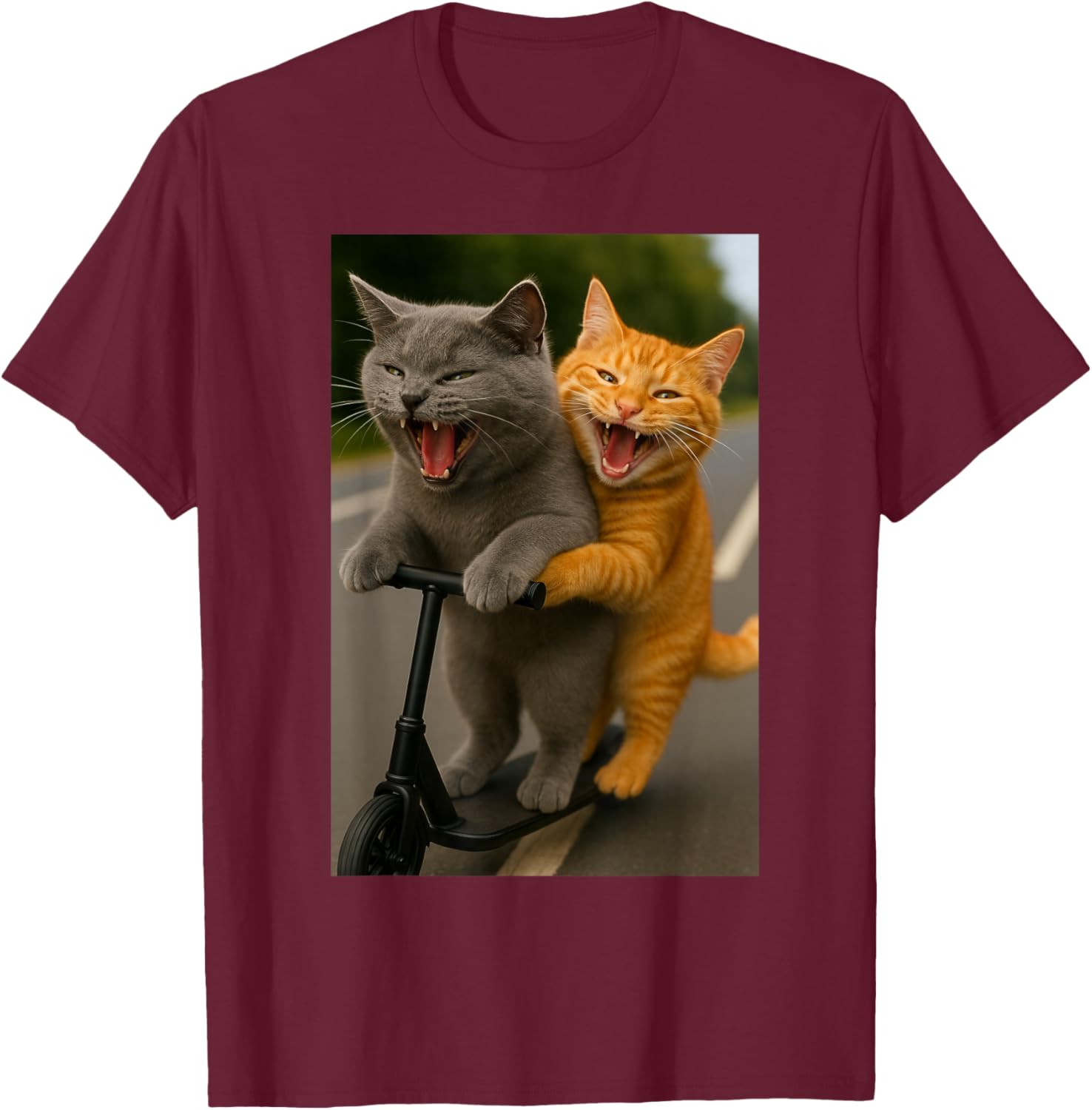 Funny Two Cats Riding Scooter with Big Laughter T-Shirt - T-Shirt | Maroon