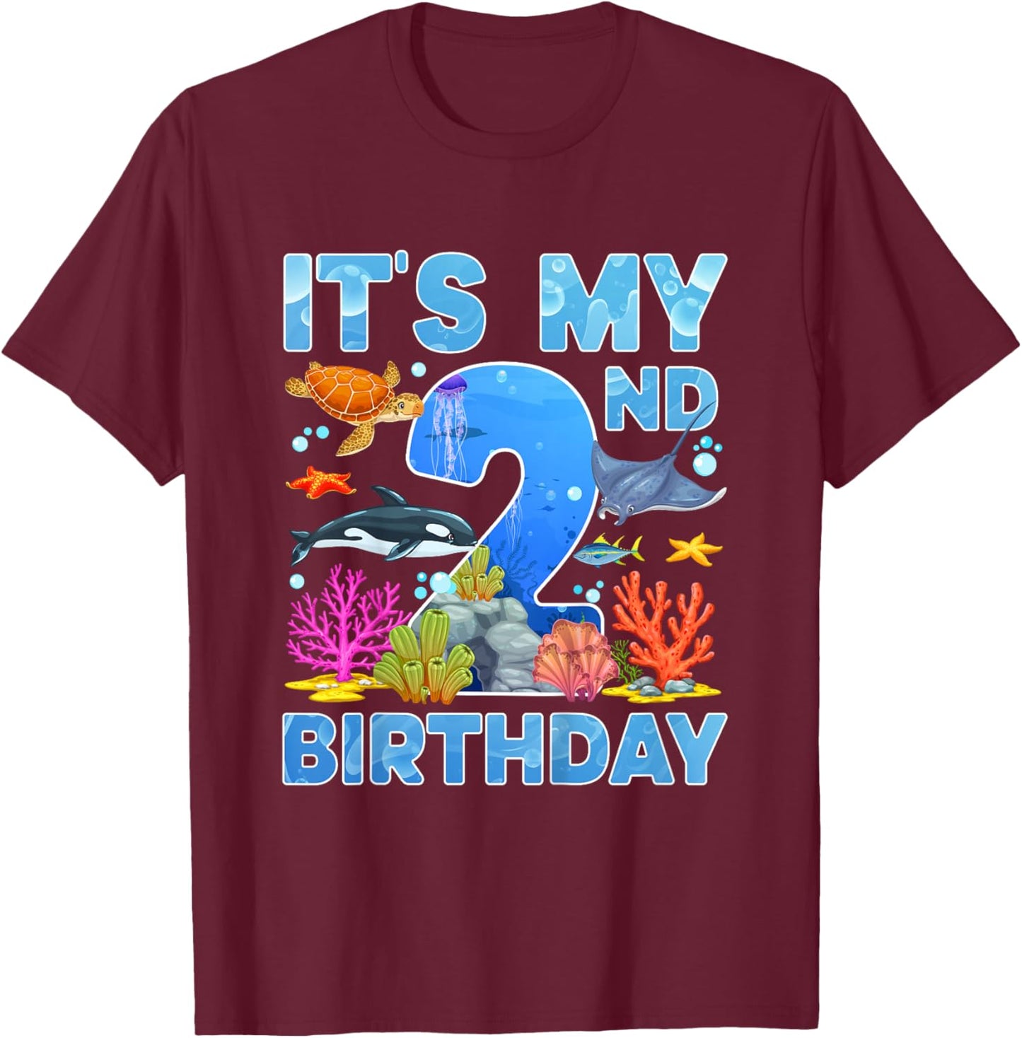 2nd Ocean Birthday Party Two Year Old Sea Animals T-Shirt - T-Shirt | Maroon