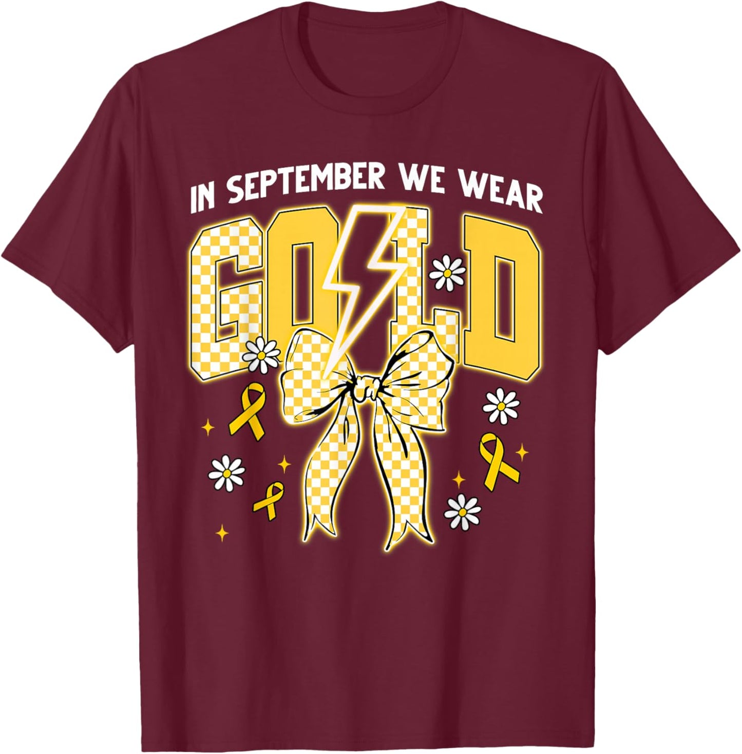 September We Wear Gold Coquette Bow Childhood Cancer Support T-Shirt - T-Shirt | Maroon