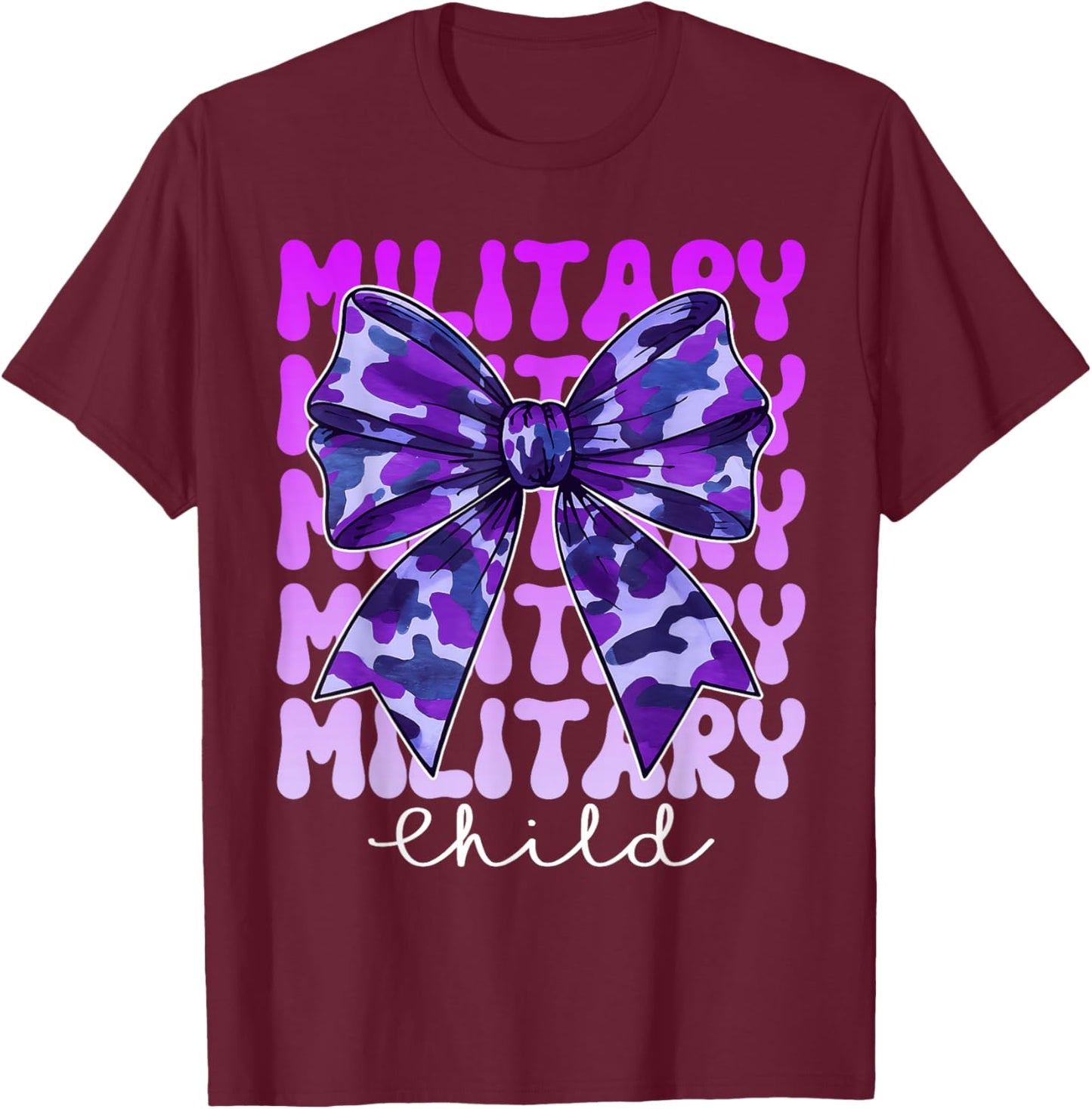 Military Child Coquette Bow Purple Camo Camoflage Boys Girls T-Shirt - T-Shirt | Maroon