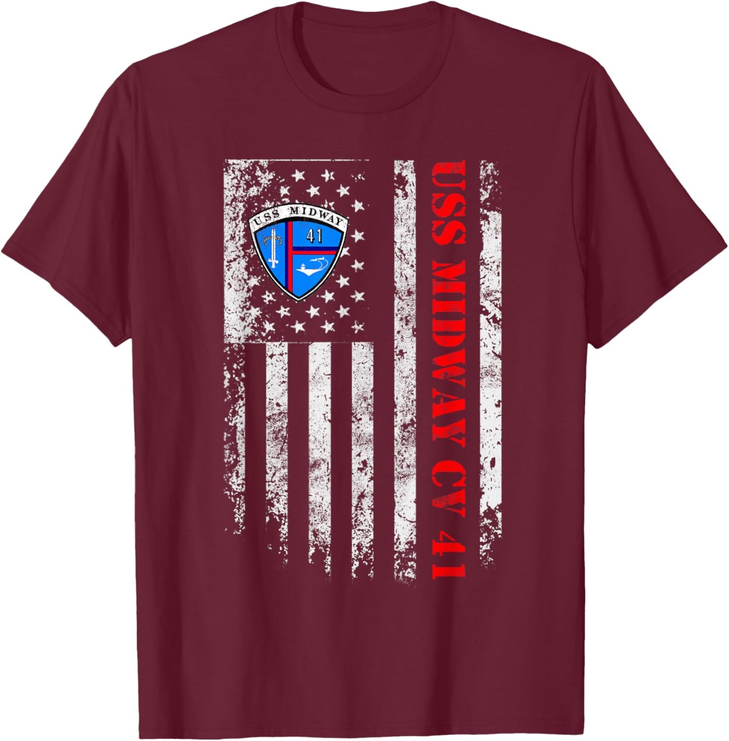 USS Midway CV 41 Aircraft Carrier Veteran USA Flag Vintage T-Shirt - T-Shirt | Maroon