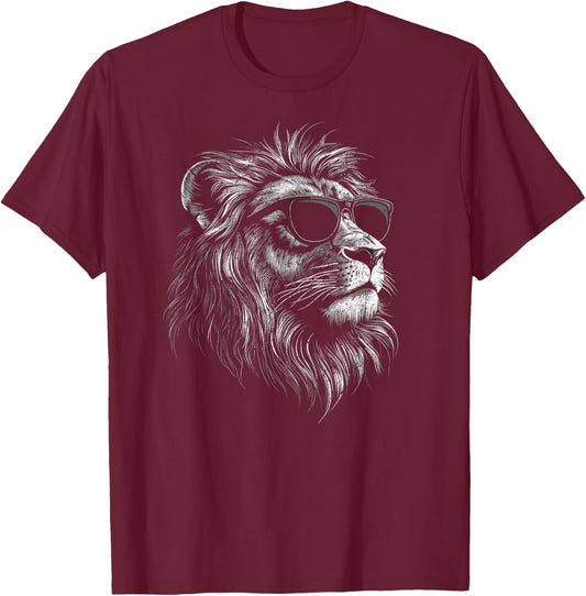 Cool Lion with Sunglasses Graphic for All Ages T-Shirt - T-Shirt | Maroon