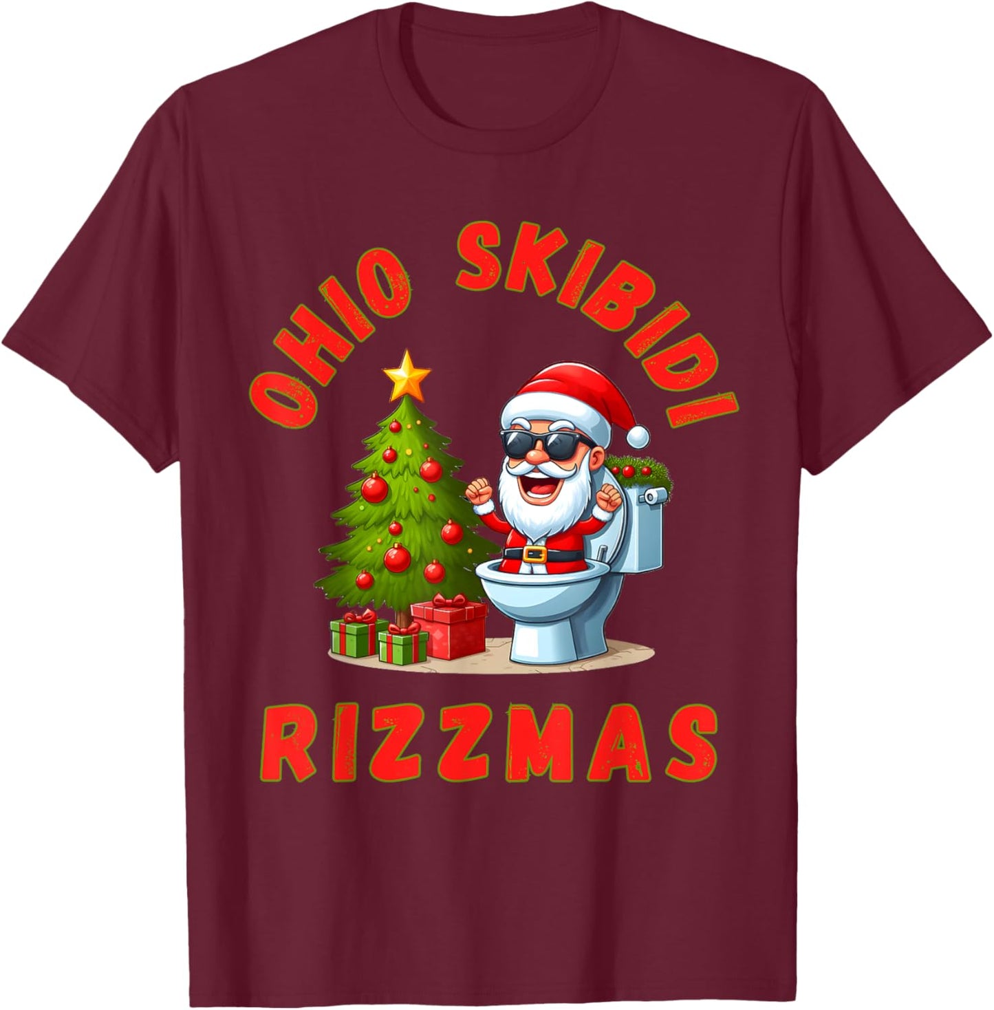 Ohio Skibidi Rizzmas Funny Christmas Rizz Gyatt Rizz Santa T-Shirt - T-Shirt | Maroon