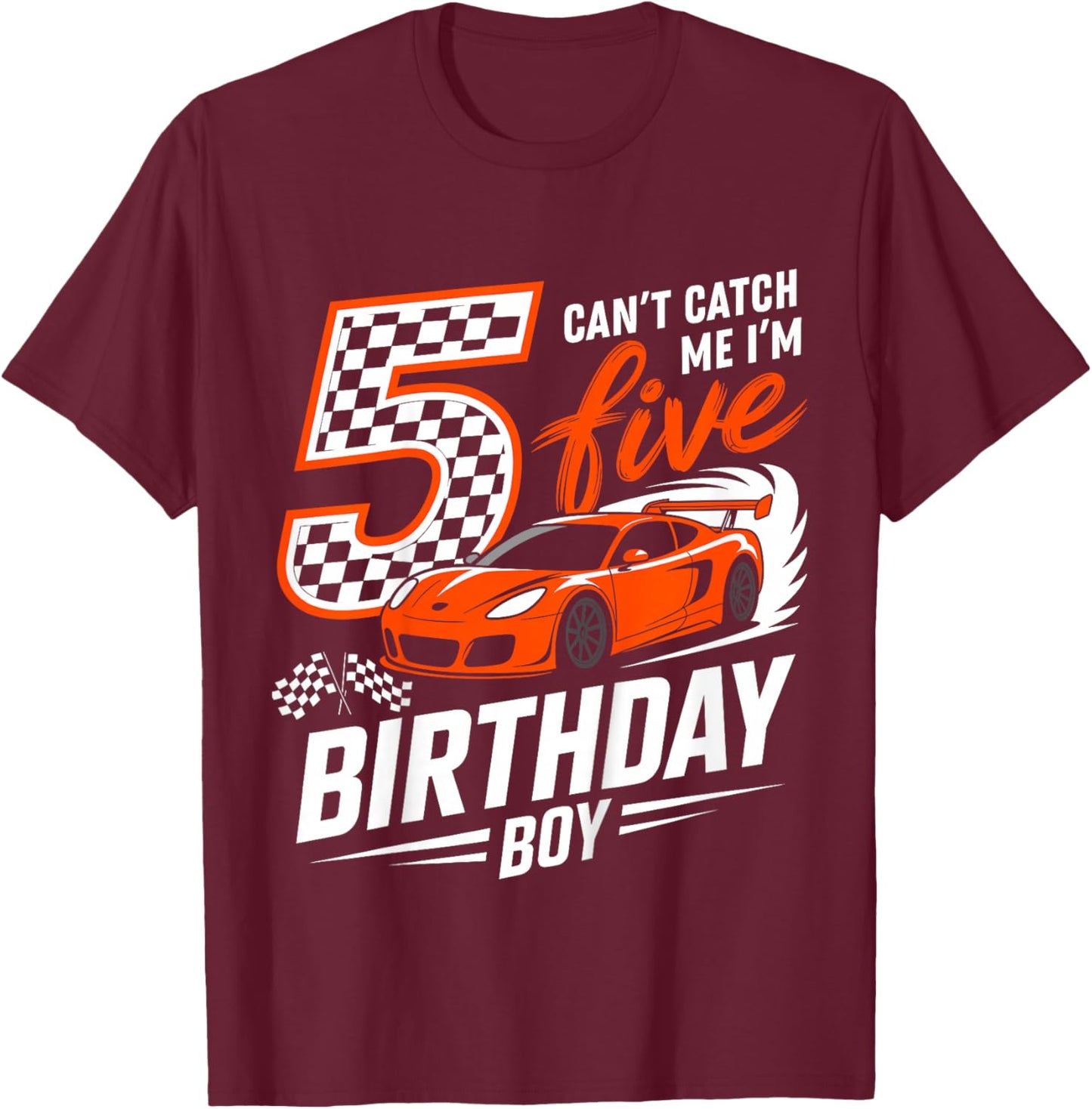 Kids Race Car Racing 5th Birthday 5 Years Old Cars Five Bday Boys T-Shirt - T-Shirt | Maroon