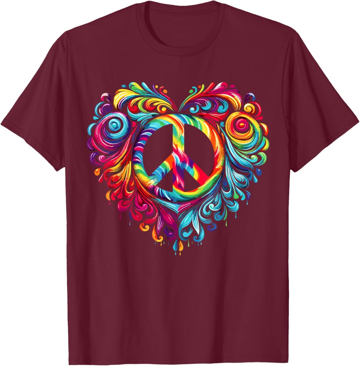 Heart Peace Sign Colorful Hippie T-Shirt - T-Shirt | Maroon