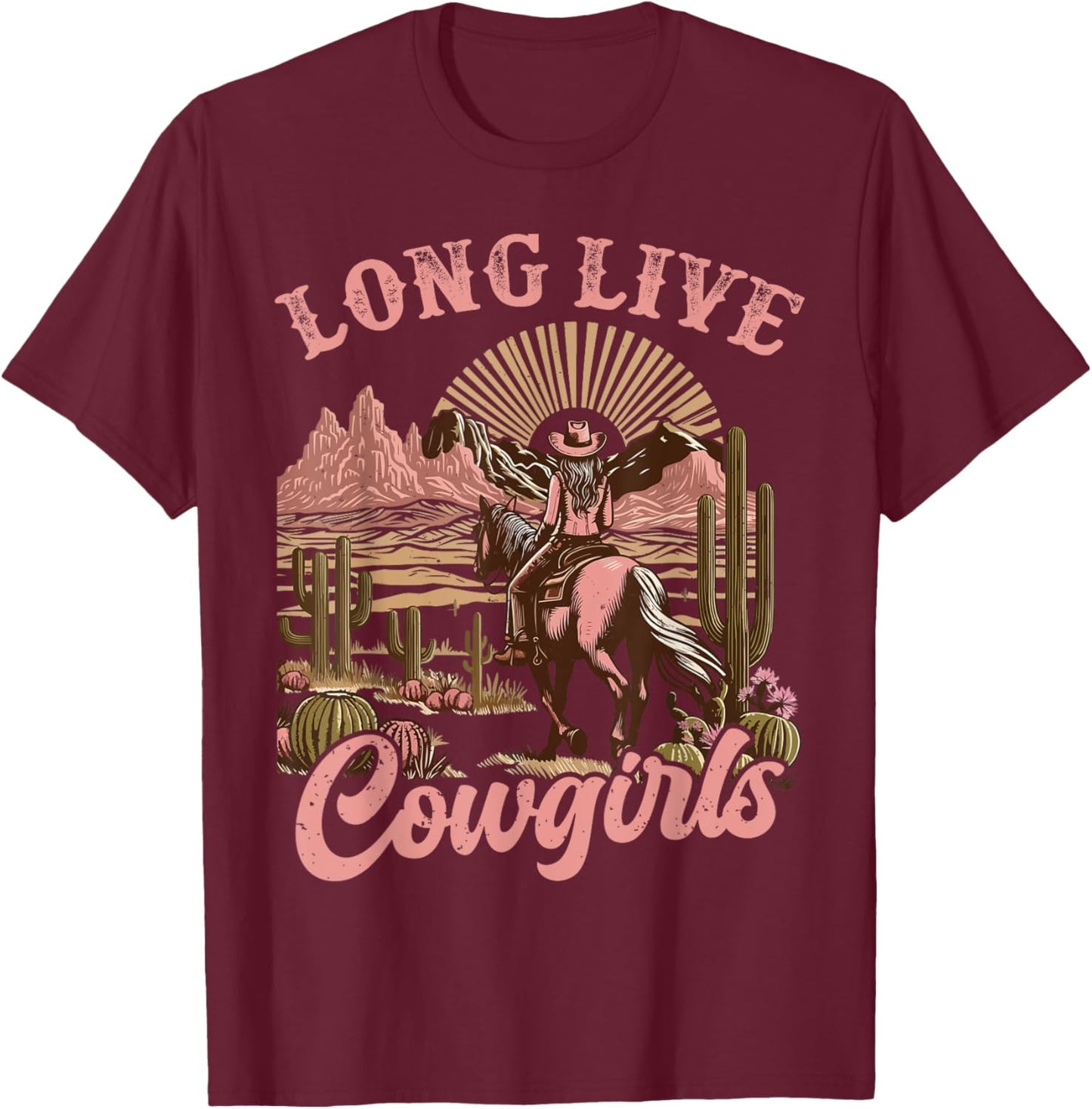 Vintage Western Country Southern Women Girls Gifts Long Live Country Cute Cowgirl Riding Horse Howdy Rodeo T-Shirt - T-Shirt | Maroon