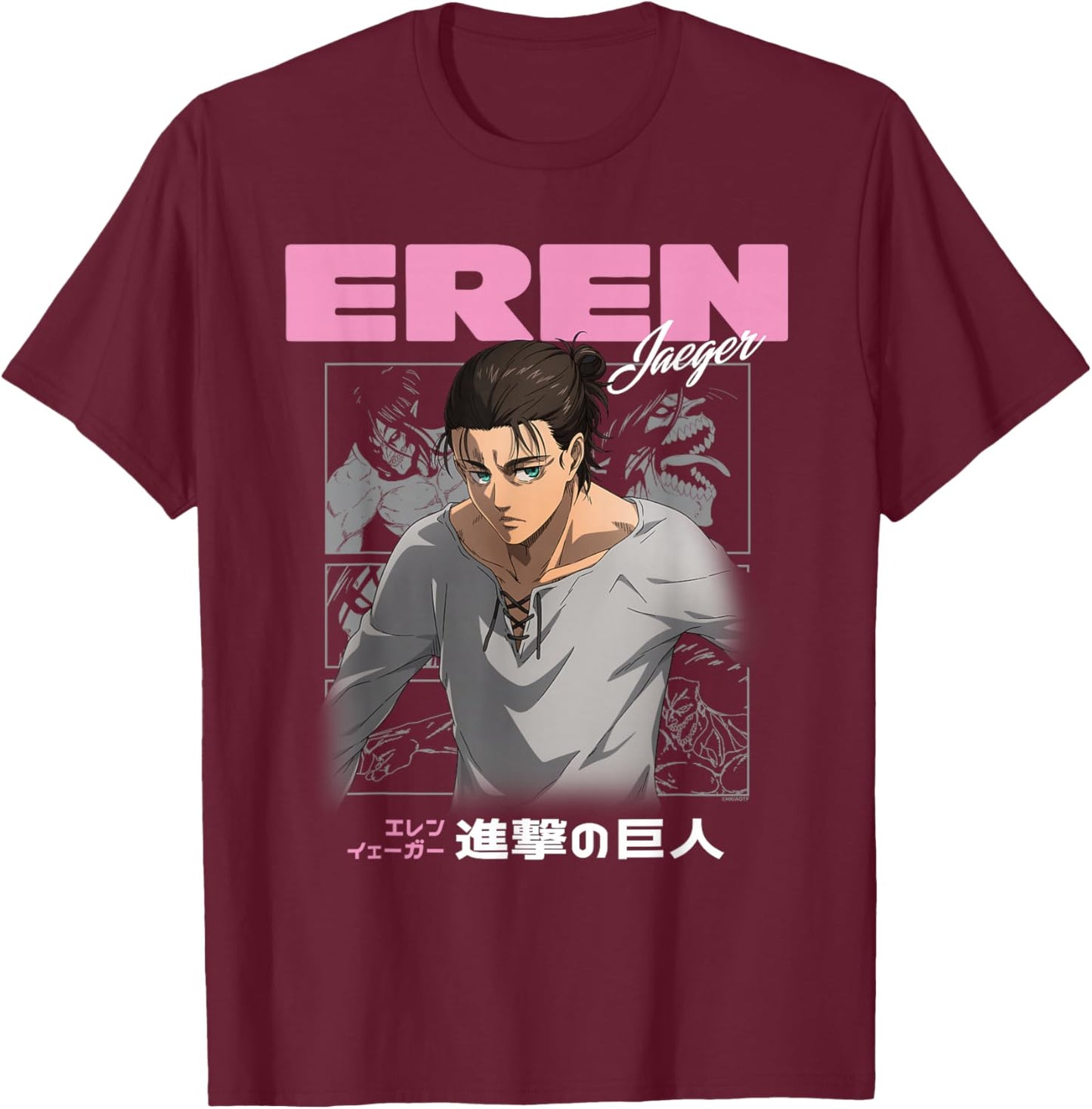 AOT Eren Jaeger Pink Text Crush Collage with Kanji Anime T-Shirt - T-Shirt | Maroon