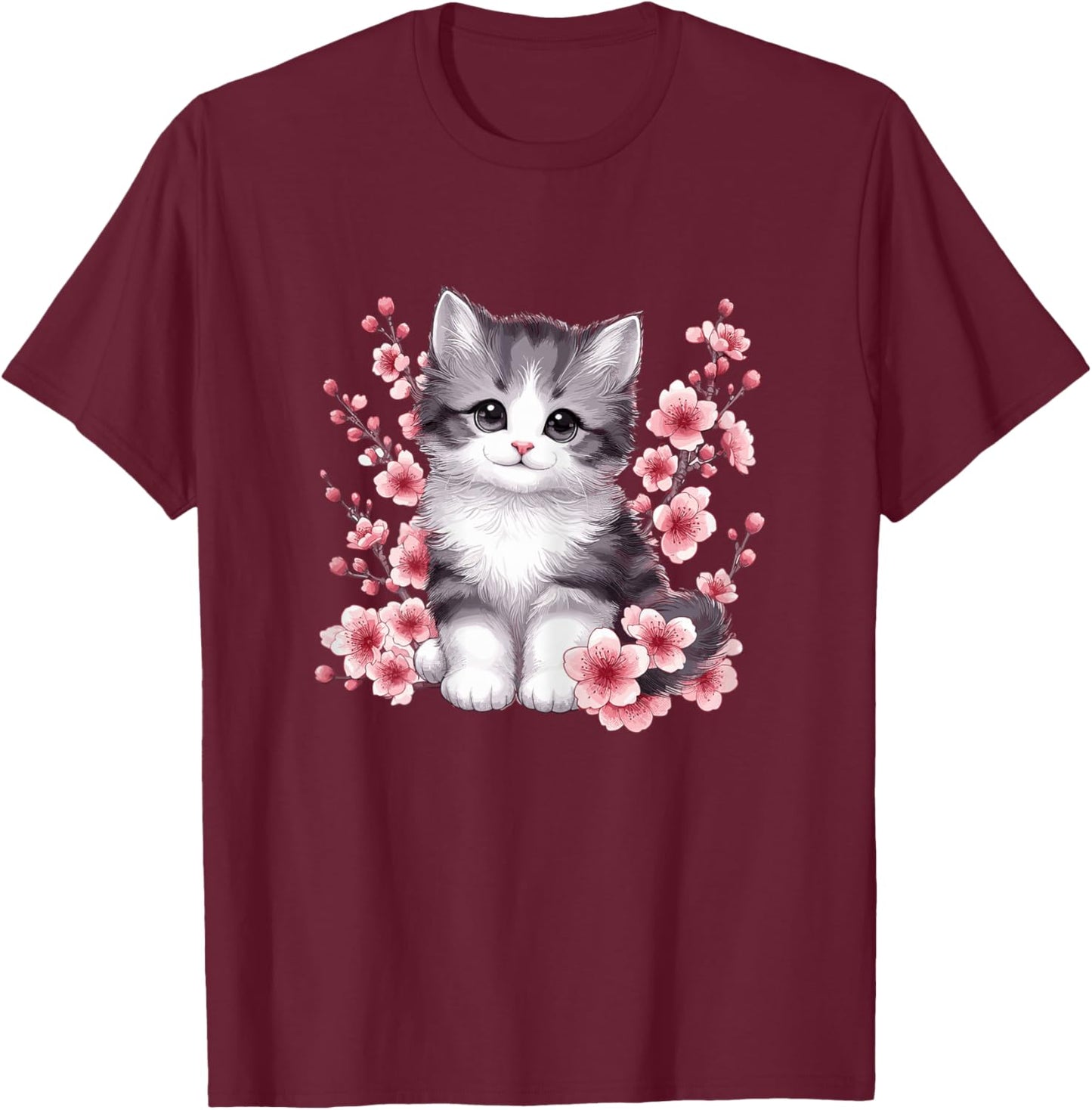 Cat with Cherry Blossoms Cute Cat T-Shirt - T-Shirt | Maroon