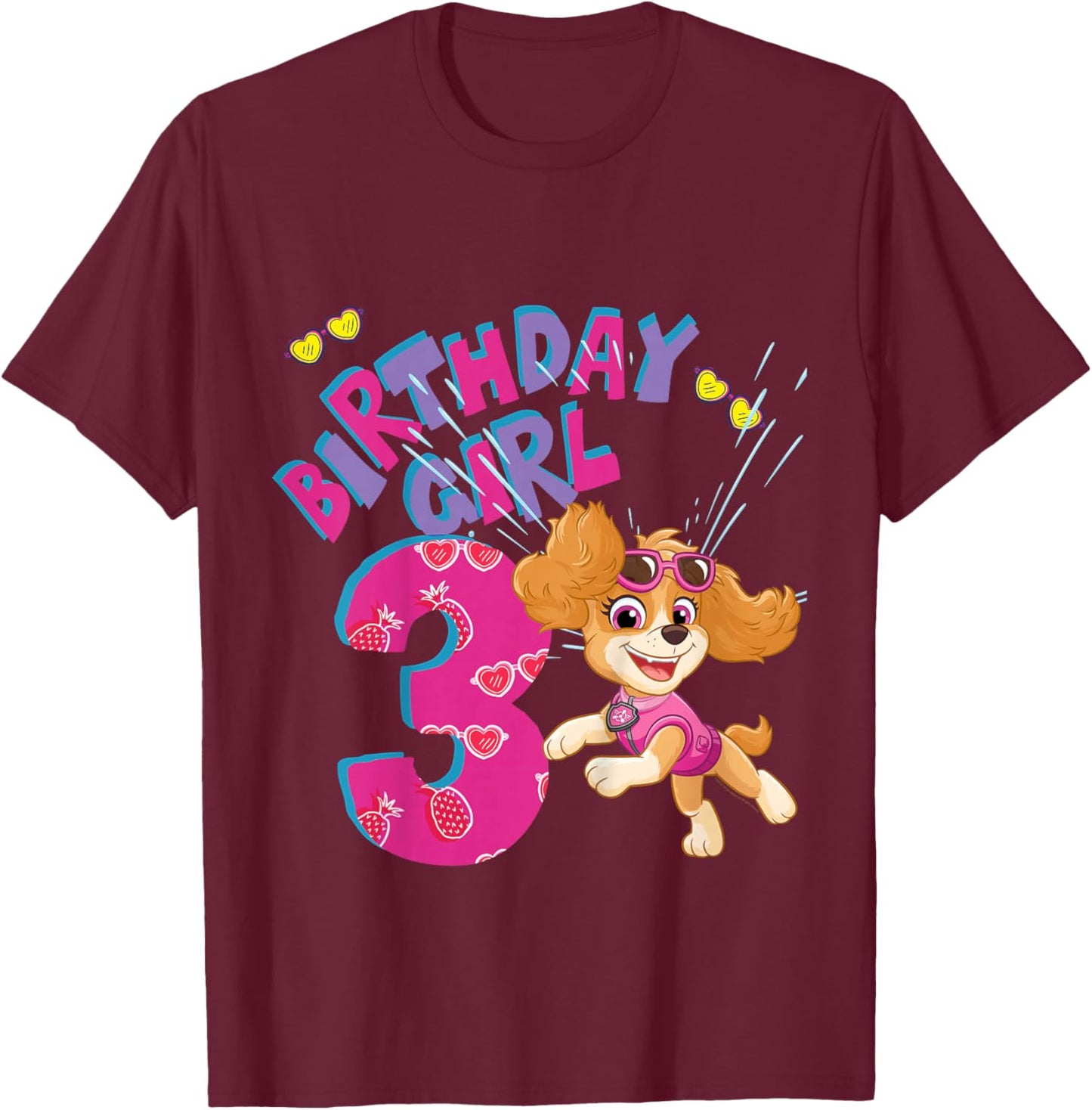 Official Paw Patrol Skye Jumping Birthday Girl Age 3 T-Shirt - T-Shirt | Maroon