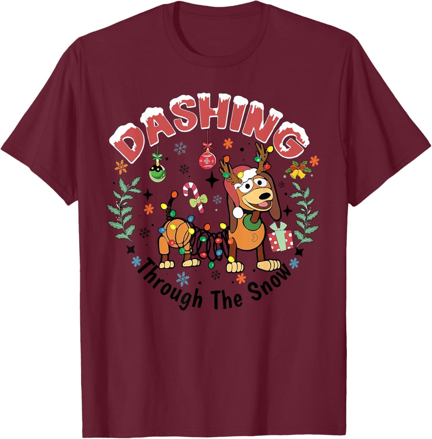 Dashing Through The Snow Funny Dachshund Dog Christmas Light Men Women T-Shirt - T-Shirt | Maroon