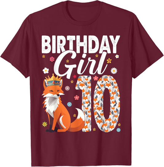Fox Animal Lovers 10th Birthday Girl Fox B-Day 10 Year Old T-Shirt - T-Shirt | Maroon
