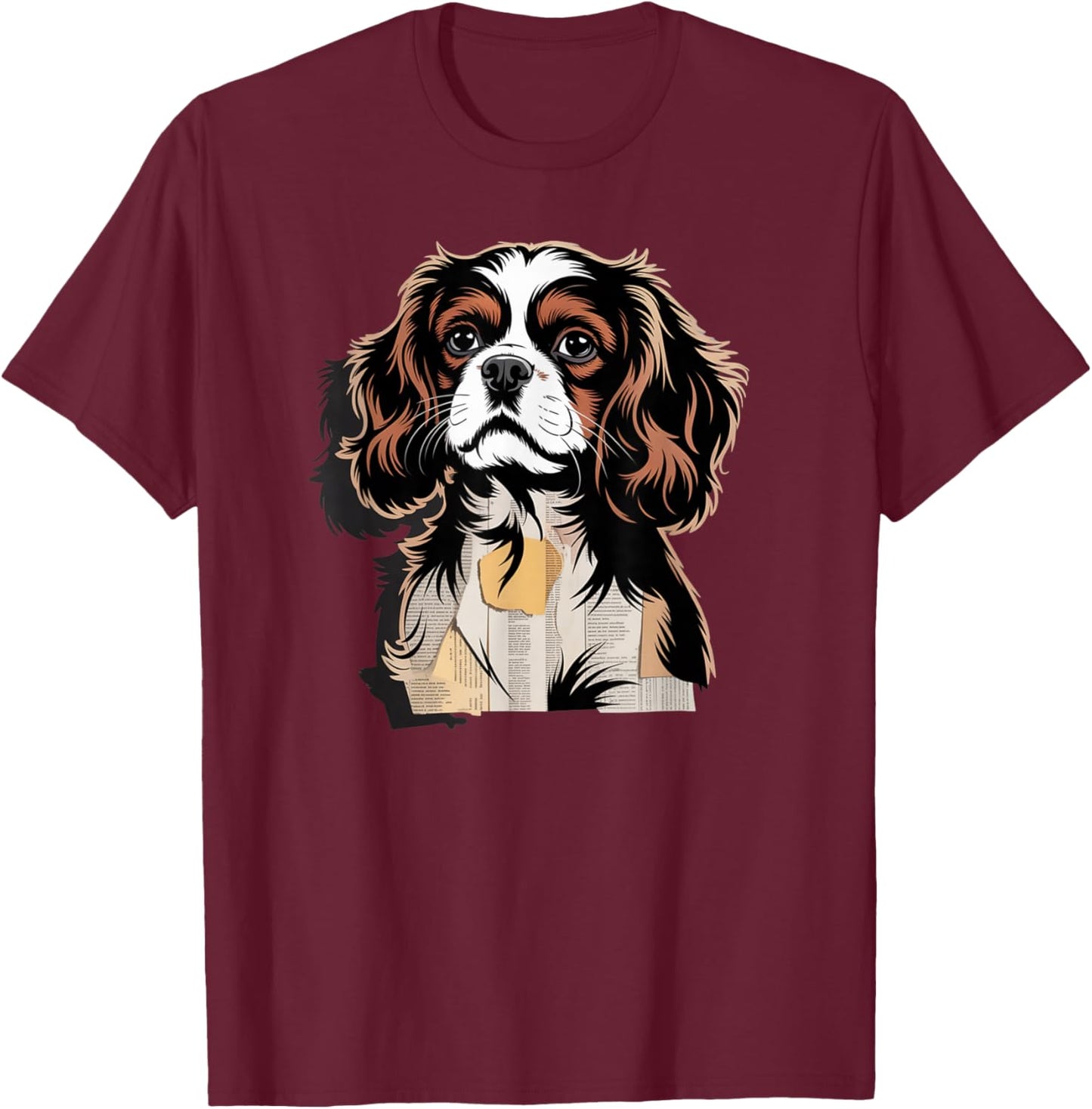 Newspaper Art Cavalier King Charles Spaniel T-Shirt - T-Shirt | Maroon