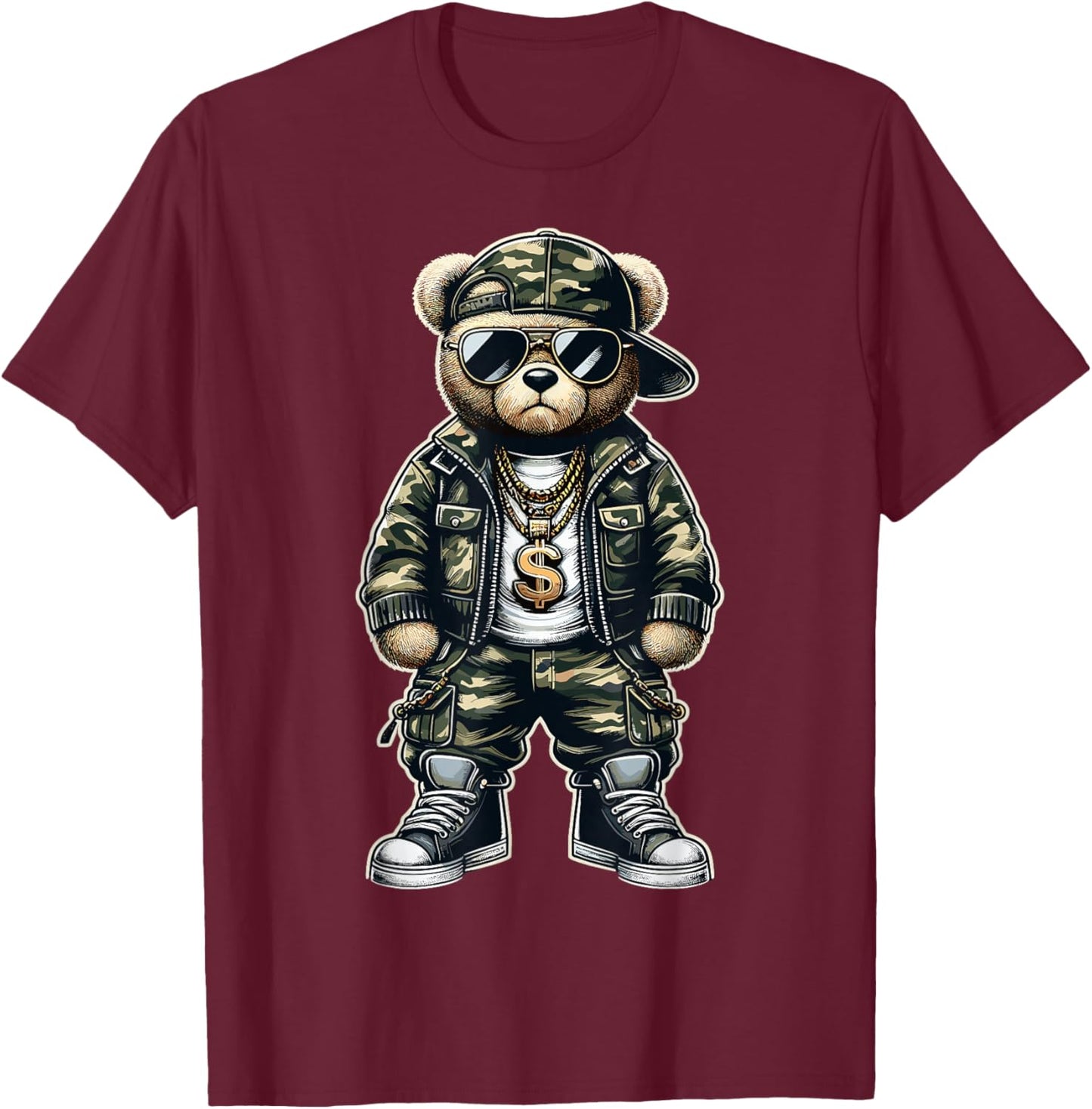 Camouflage Hip Hop Teddy Bear T-Shirt - T-Shirt | Maroon