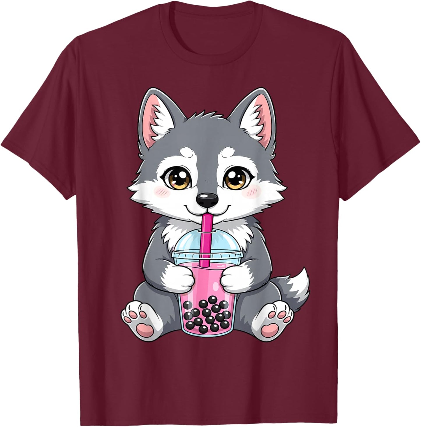 Wolf with Boba Bubble Tea Cute Kawaii T-Shirt - T-Shirt | Maroon