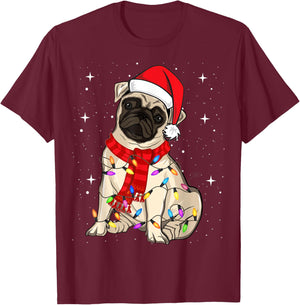 Pug Dogs Christmas Light Santa Hat Puggy Lover Xmas T-Shirt - T-Shirt | Maroon