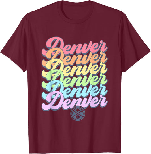 NBA Denver Nuggets Pastel Rainbow Pride Stack T-Shirt - T-Shirt | Maroon