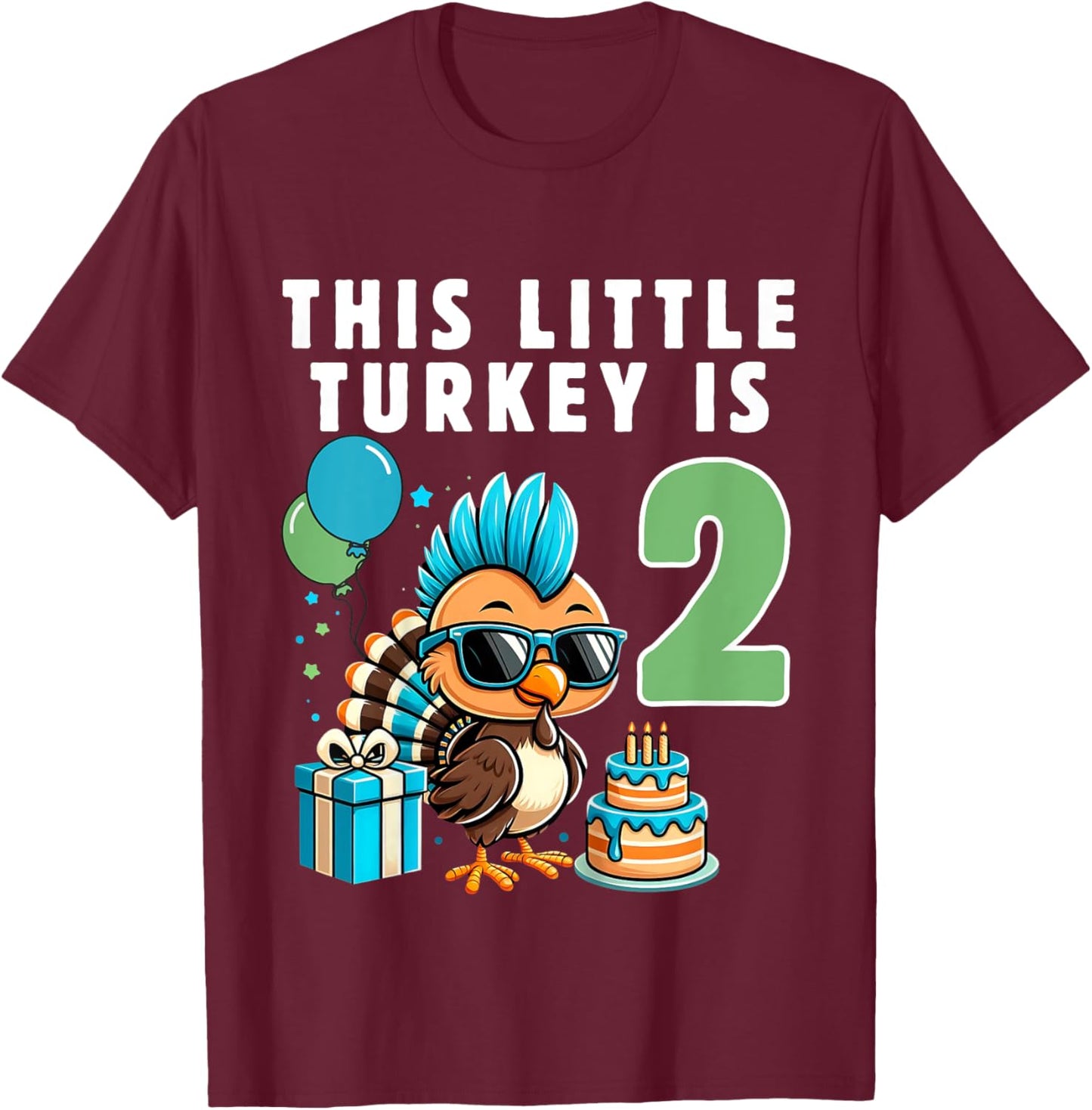 Kids This Little Turkey is 2, Boys 2nd Birthday Kids Thanksgiving T-Shirt - T-Shirt | Maroon